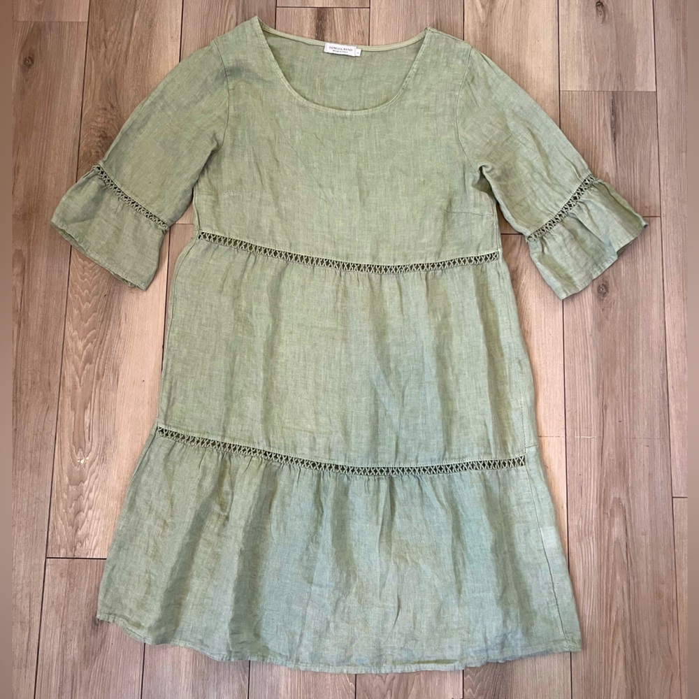 Lungo L’Arno Linen Short Sleeve Dress Green Flutter Sleeve Italy Womens large